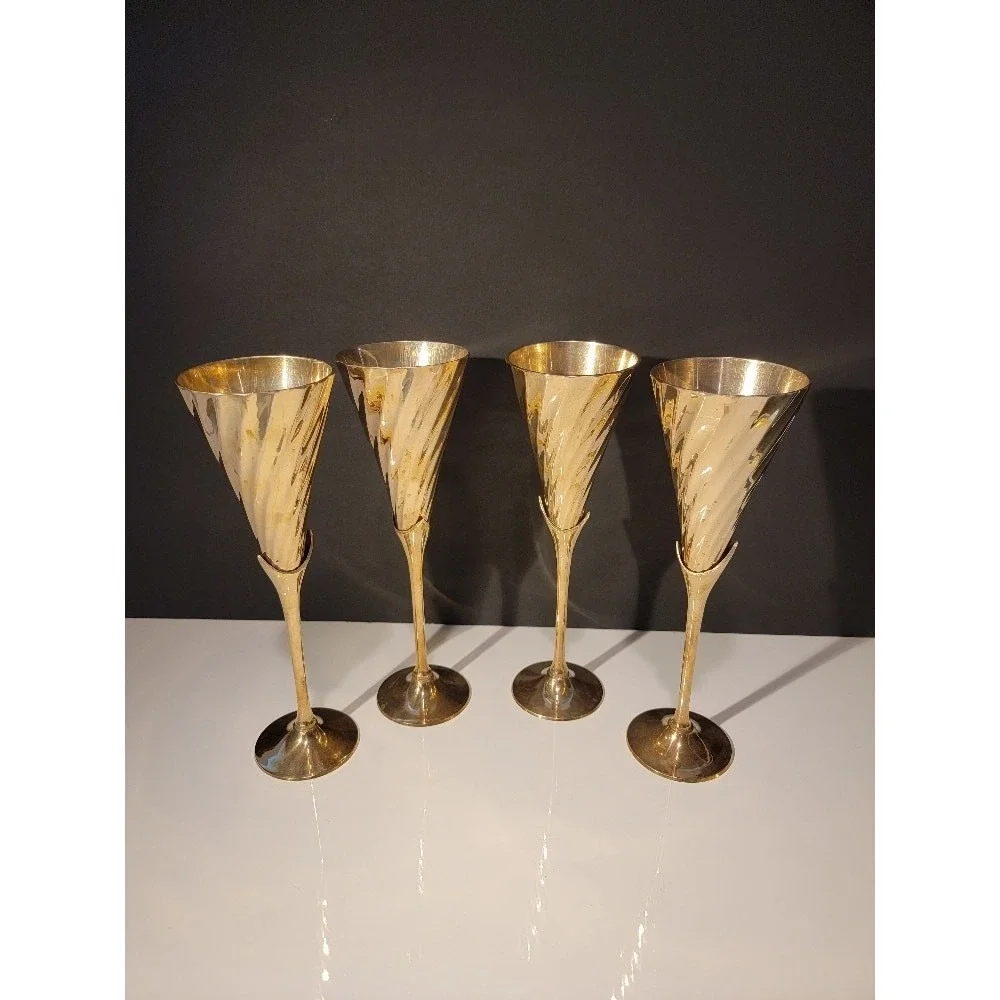 Vintage Brass Champagne Flutes Set of 4 Celebration Toasting New Year 